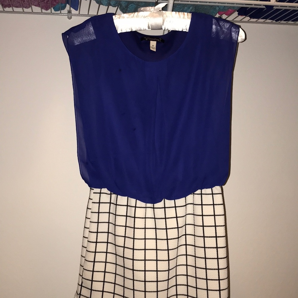 New, blue top and white and black checkered bottom